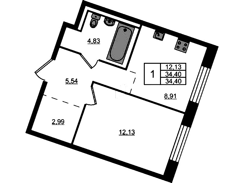 1-комнатная квартира 34.4 м², 1/9 эт., ЖК «Квартал Лаголово»